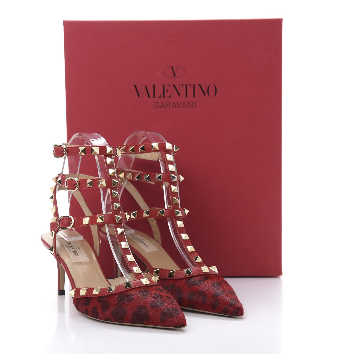 Valentino Garavani Calf Hair Leopard Print Rockstud Ankle Strap 65mm Pumps 36 Rosso Valentino 9 of 9
