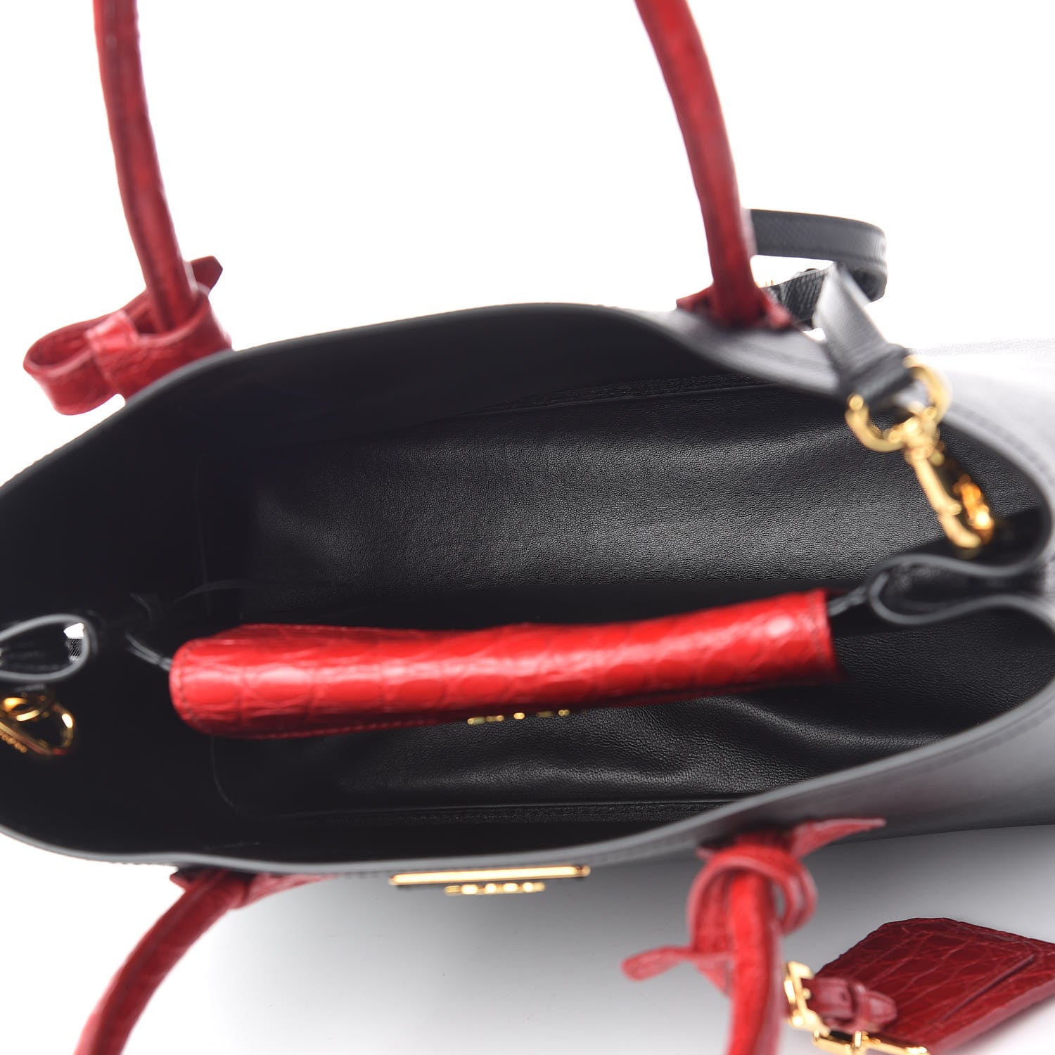 Prada Saffiano Cuir Crocodile Small Double Bag Black Rosso 7 of 12