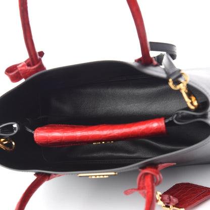 Prada Saffiano Cuir Crocodile Small Double Bag Black Rosso 7 of 12