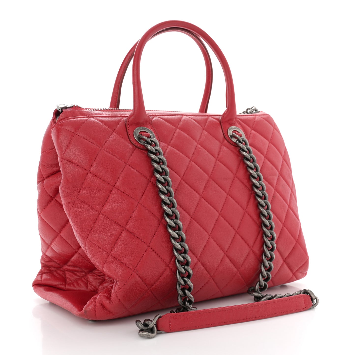 Shiny Sheepskin Quilted Medium Shopping Tote Red