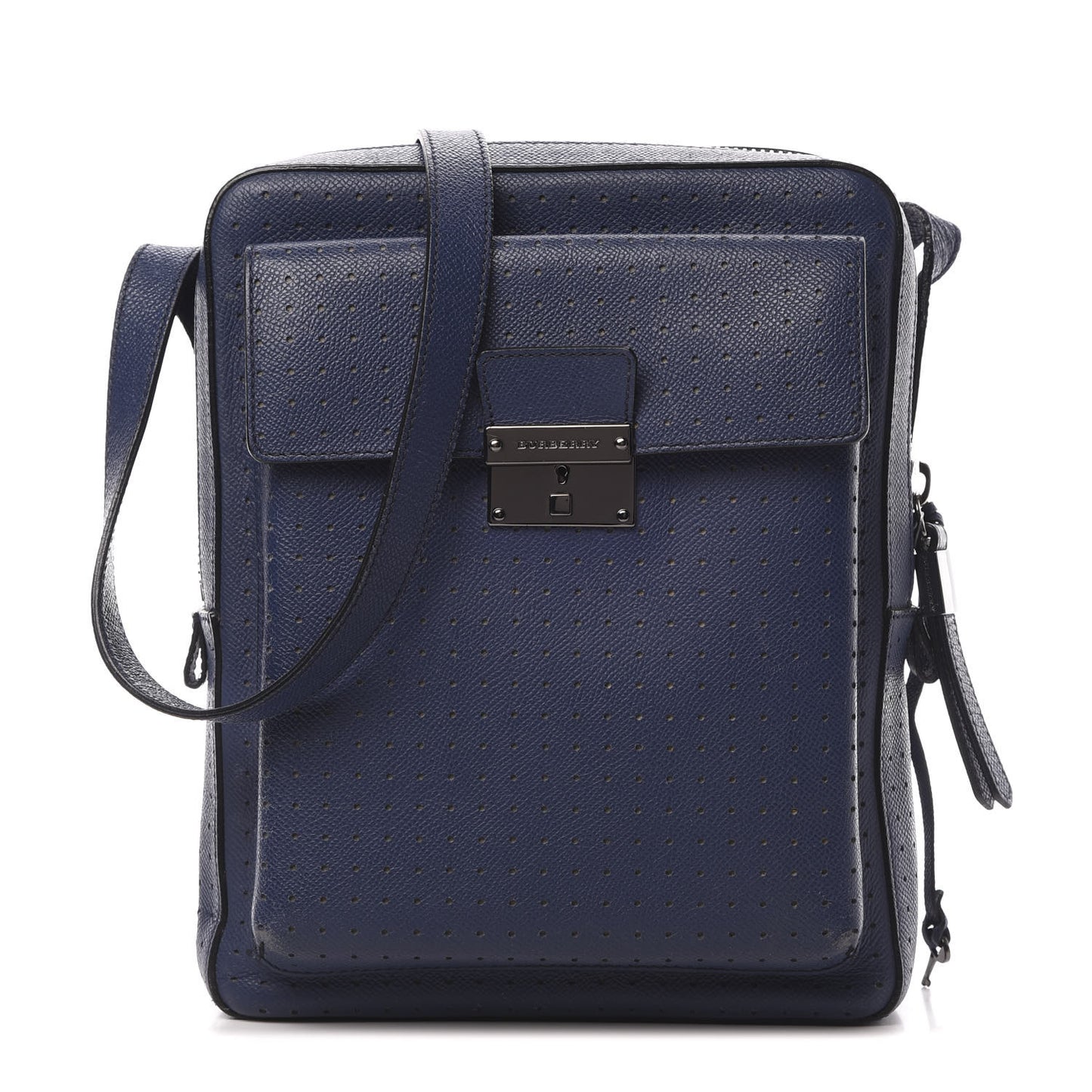 London Grainy Calfskin Perforated Small Shaldon Crossbody Lapis Blue