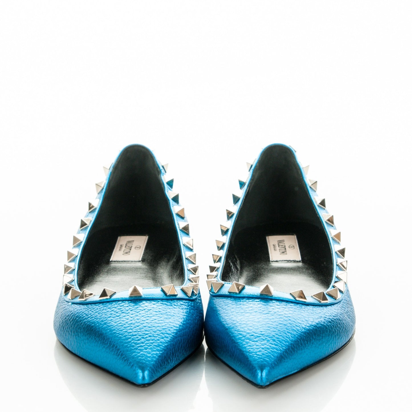 Metallic Pebbled Calfskin Rockstud Ballerina Flats 40 Light Blue