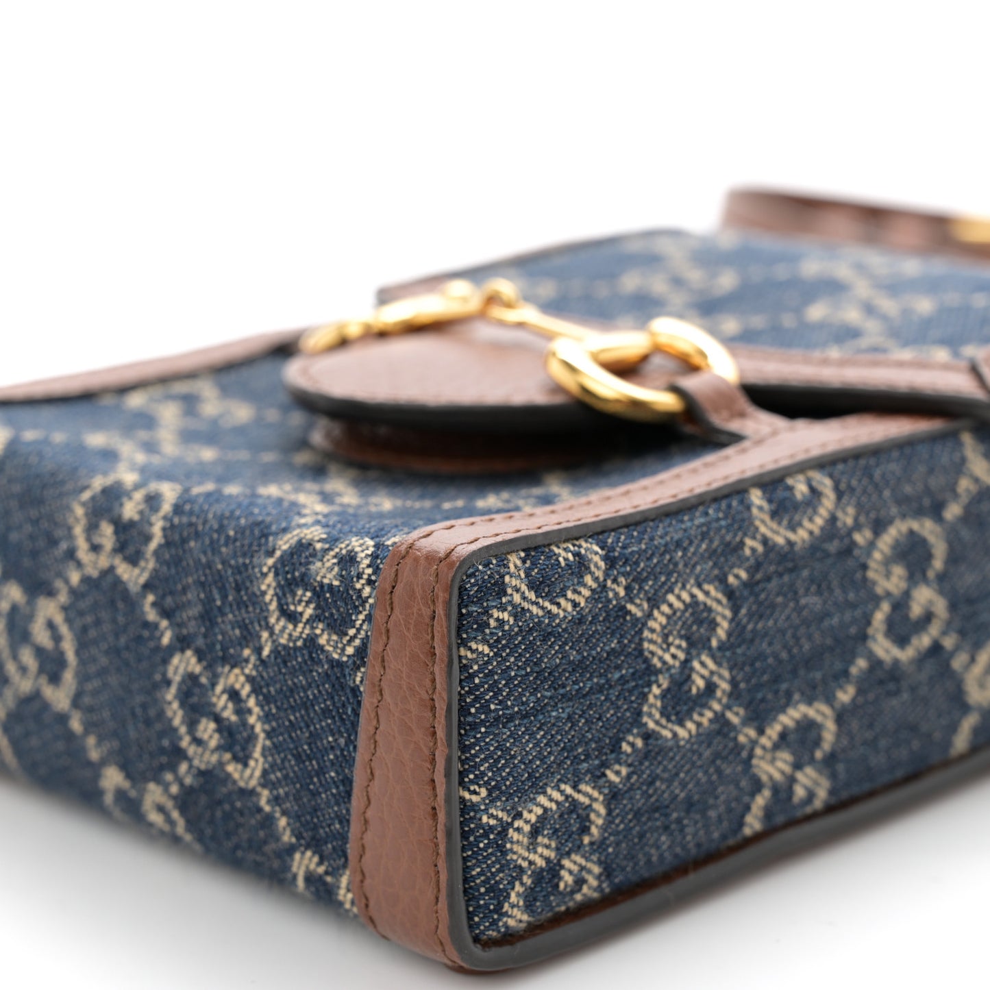 New Denim GG Monogram Dollar Calfskin Mini Horsebit 1955 Crossbody Bag Blue Tea Cuir Epilog