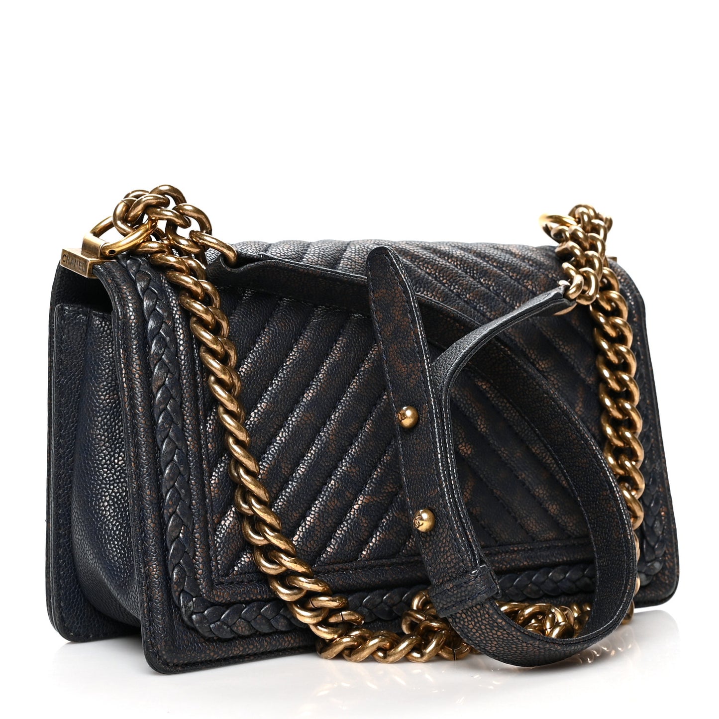 Patinated Caviar Chevron Braided Medium Boy Flap Navy Blue