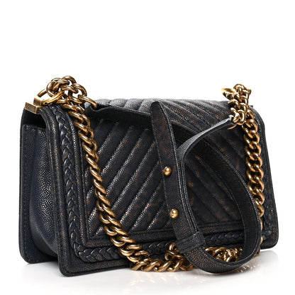 Chanel Patinated Caviar Chevron Braided Medium Boy Flap Navy Blue 3 of 10