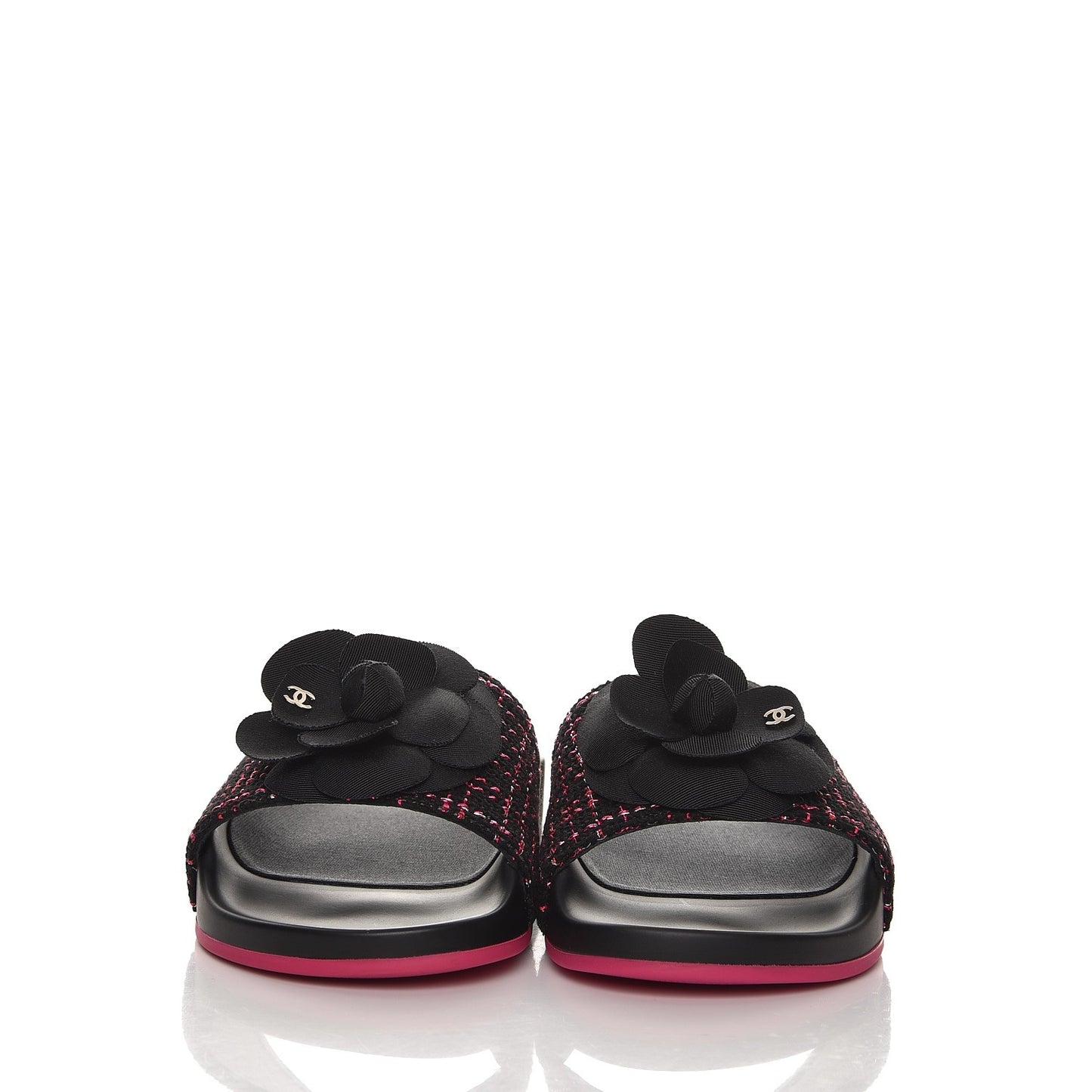 Tweed Grosgrain Camellia Flat Sandals 35 Black Pink