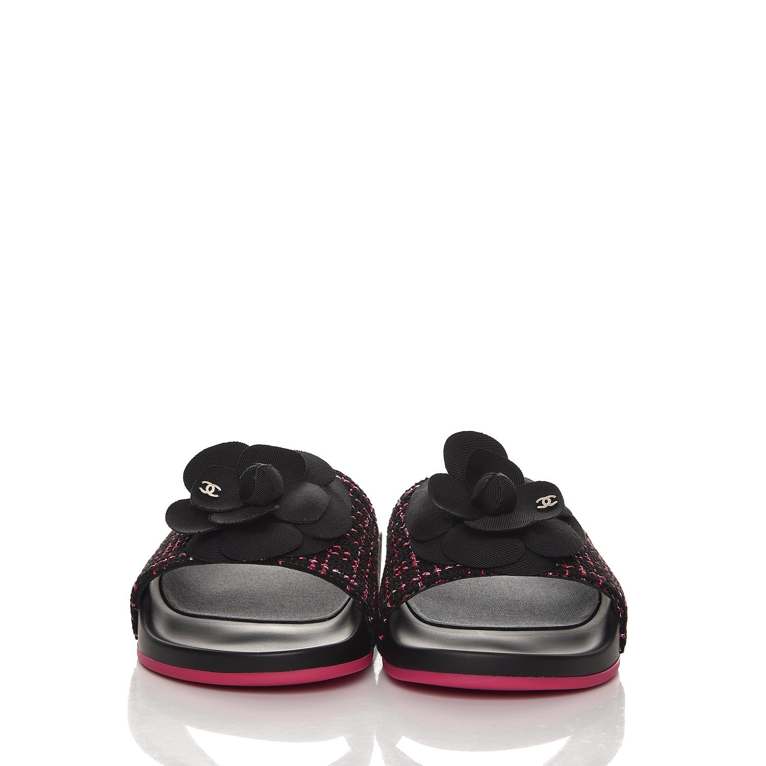 Chanel Tweed Grosgrain Camellia Flat Sandals 35 Black Pink 3 of 9