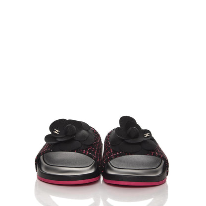 Chanel Tweed Grosgrain Camellia Flat Sandals 35 Black Pink 3 of 9