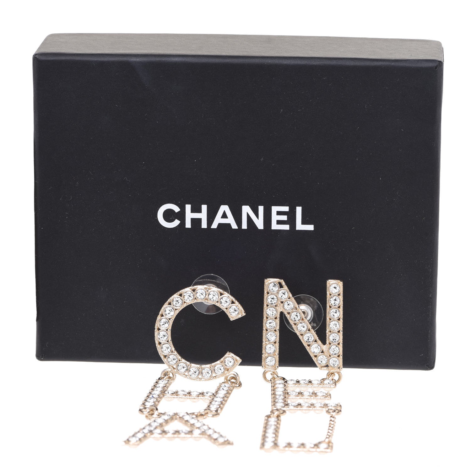 Chanel Crystal Cha-Nel Logo Drop Earrings Gold 5 of 5
