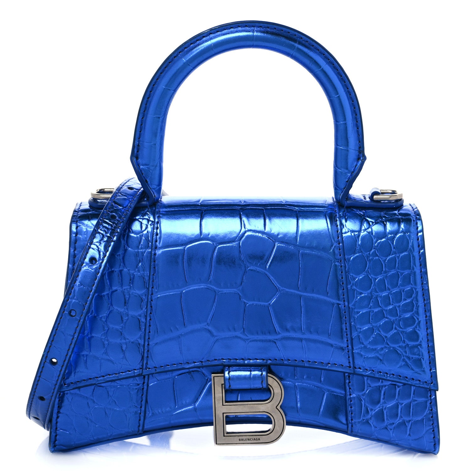 Balenciaga Metallic Shiny Calfskin Crocodile Embossed Hourglass Top Handle Bag XS Royal Blue 1 of 9