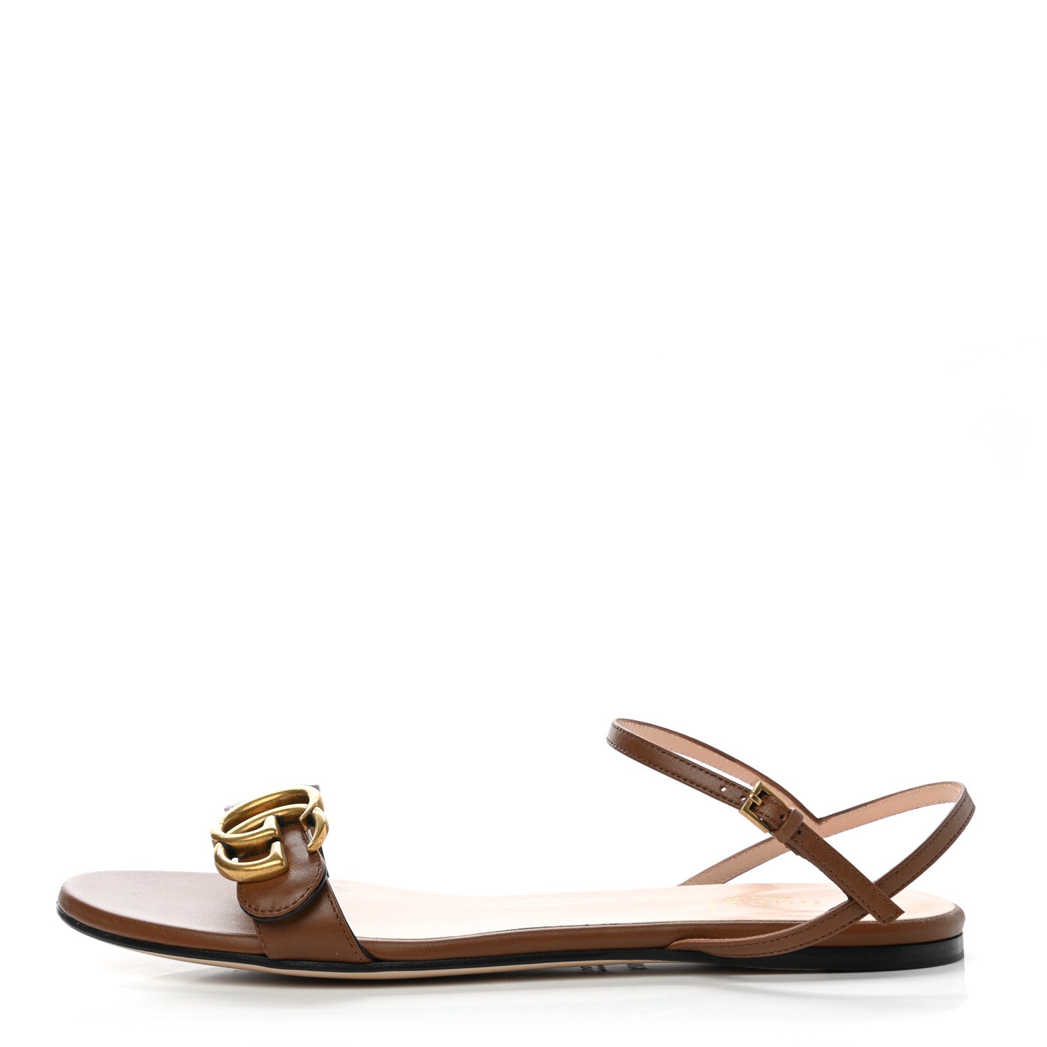 Gucci Lifford Calfskin GG Marmont Ankle Wrap Flat Sandals 37.5 Cognac 1 of 10
