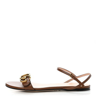 Gucci Lifford Calfskin GG Marmont Ankle Wrap Flat Sandals 37.5 Cognac 1 of 10