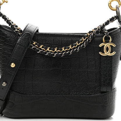Chanel Calfskin Crocodile Embossed Small Gabrielle Cocodile Hobo Black 8 of 11