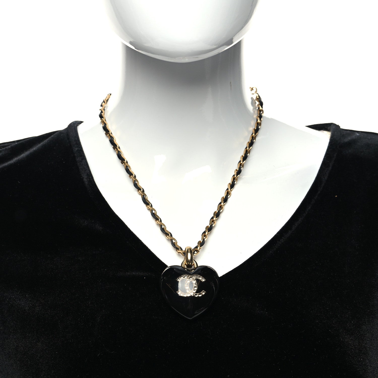Chanel Lambskin Crystal Resin CC Heart Drop Necklace Gold Black 2 of 5