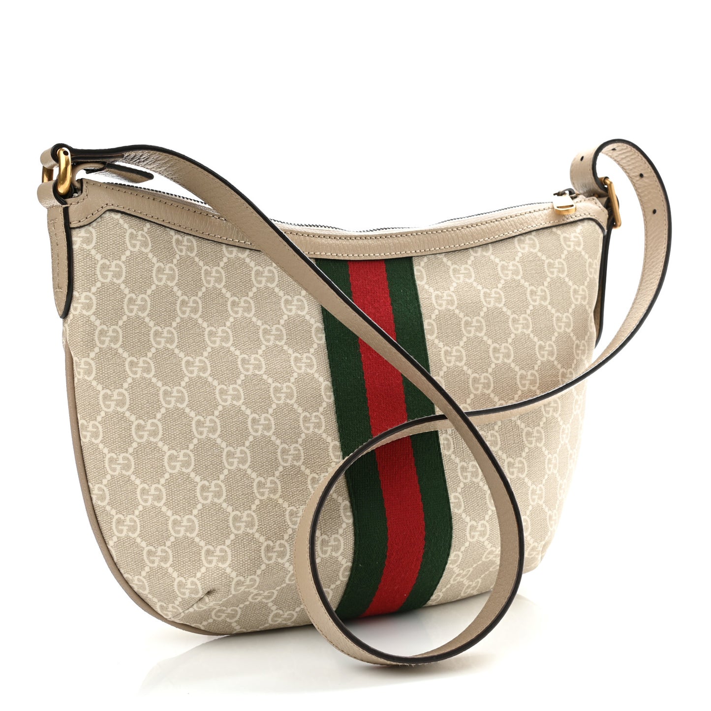 GG Supreme Monogram Textured Dollar Calfskin Web Small Ophidia Half Moon Hobo Beige Mystic White Oatmeal
