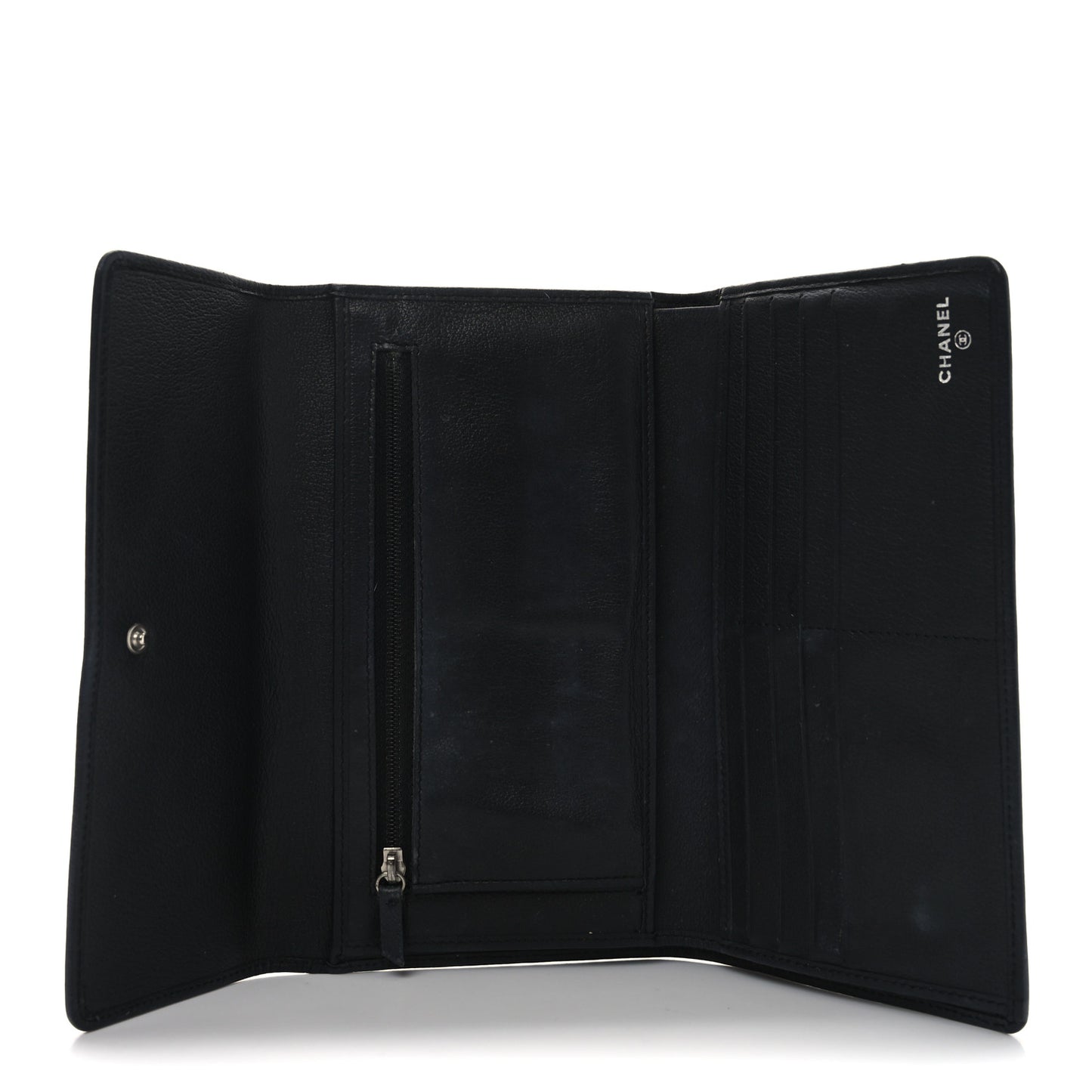 Goatskin Camellia Embossed Flap Wallet Black