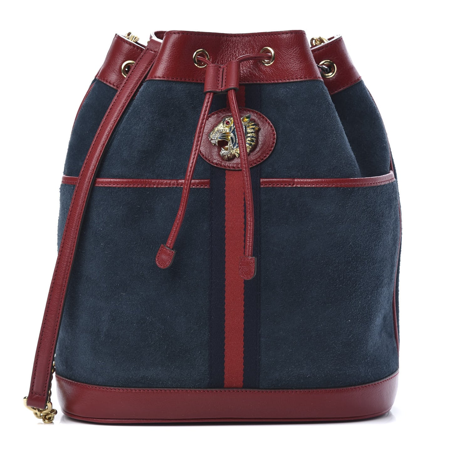 Suede Calfskin Web Medium Rajah Bucket Bag New Blue Romantic Cherry