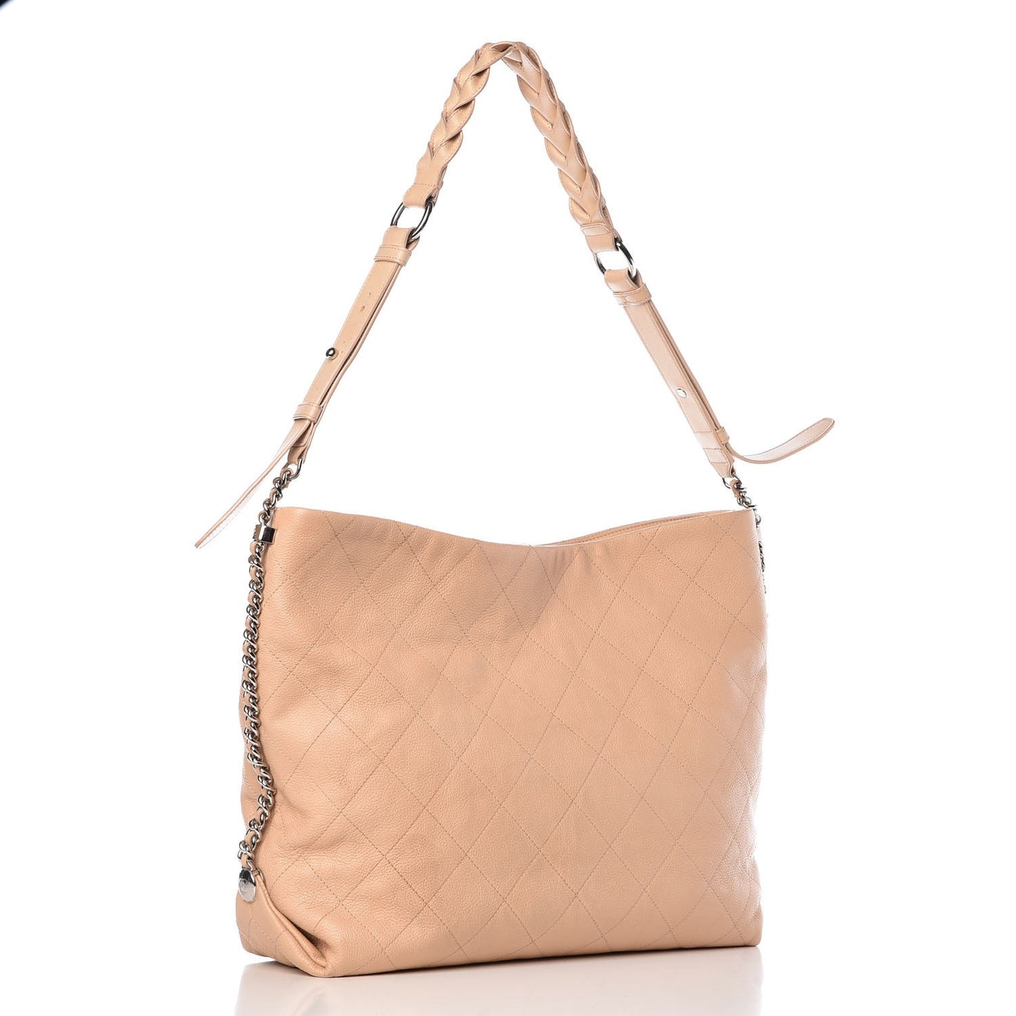 Grained Calfskin Stitched Medium Braided With Style Hobo Beige
