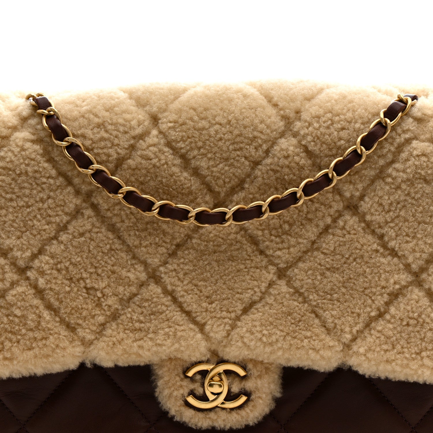 Chanel Shearling Lambskin Quilted Large Furry Coco Flap Beige Dark Brown 8 of 11