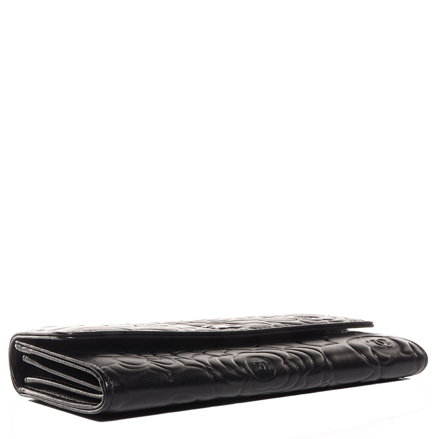 Lambskin Embossed Camellia Large Gusset Flap Wallet Black