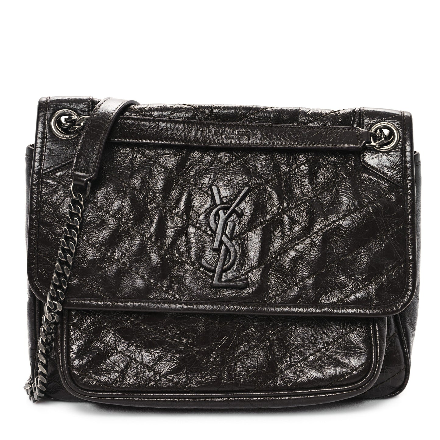 Crinkled Calfskin Matelasse Monogram Medium Niki Chain Satchel Moka