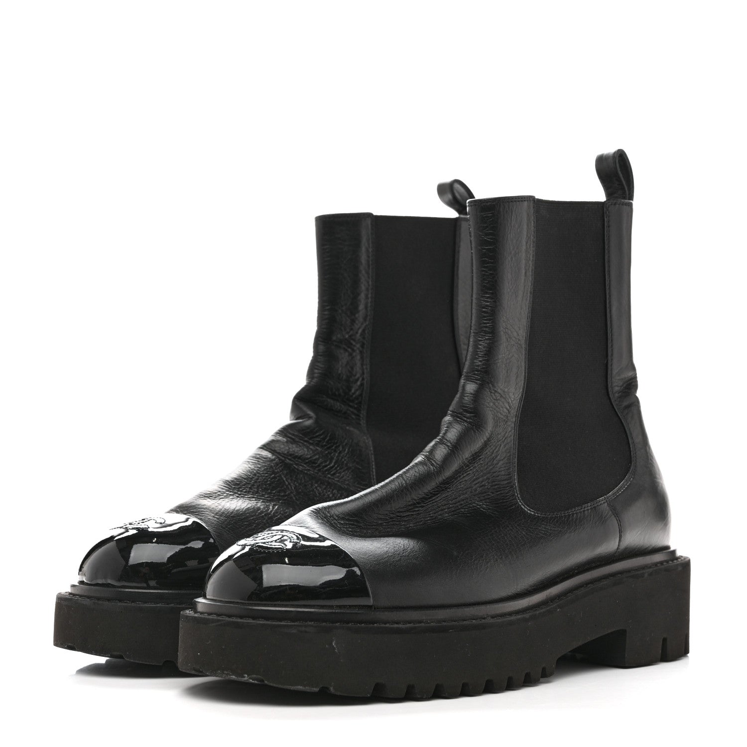 Chanel Crumpled Calfskin Patent Cap Toe Short Boots 39.5 Black
