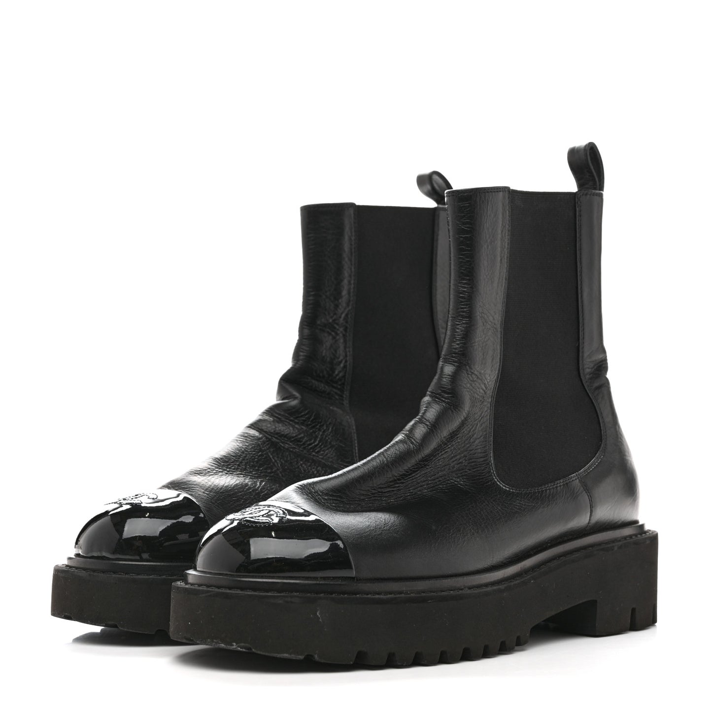 Crumpled Calfskin Patent Cap Toe Short Boots 39.5 Black