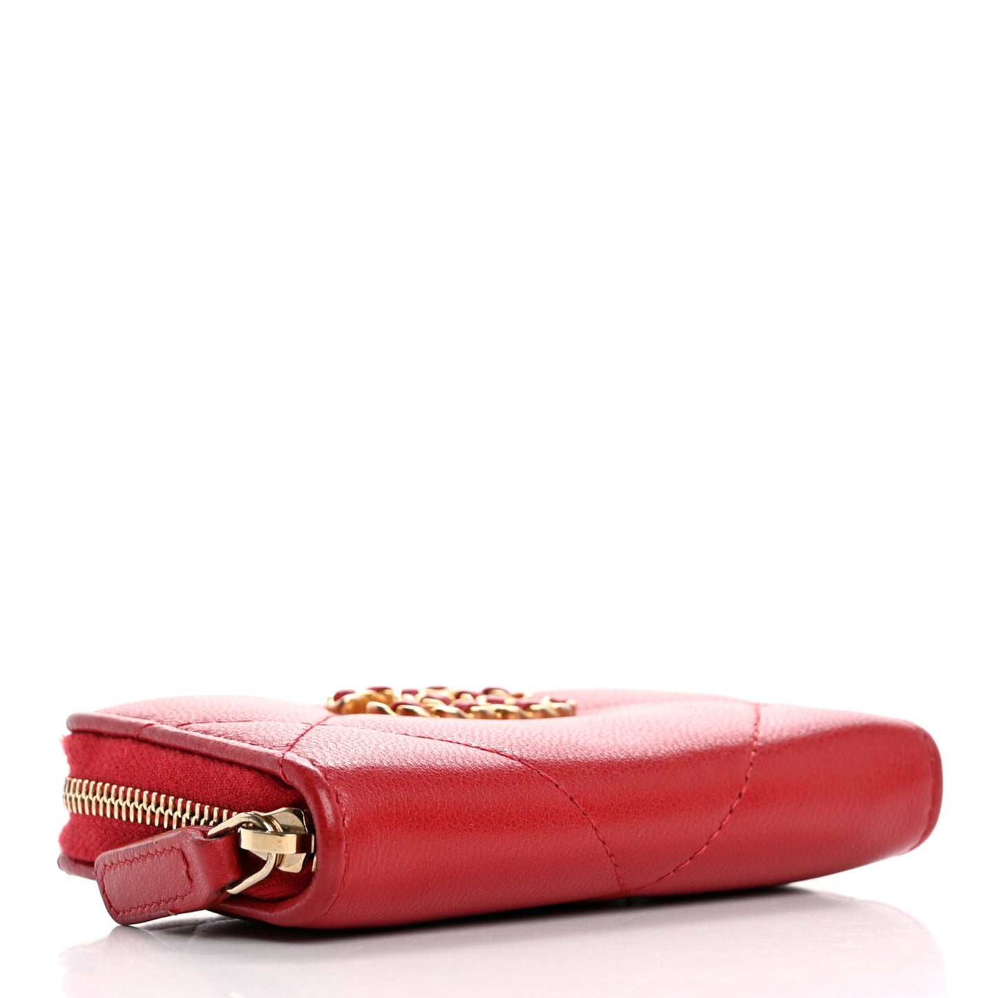 Goatskin Quilted Chanel 19 Zip Around Coin Purse Wallet Red