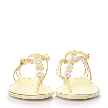 Chanel Goatskin Pearl Camellia Thong Sandals 39 Yellow 2 of 7