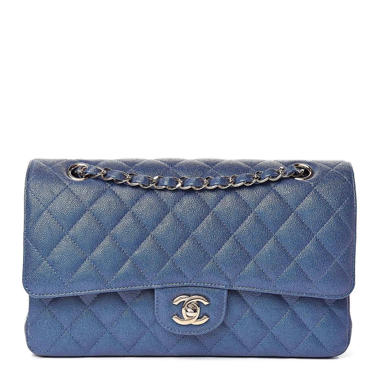 Iridescent Caviar Quilted Medium Double Flap Dark Blue