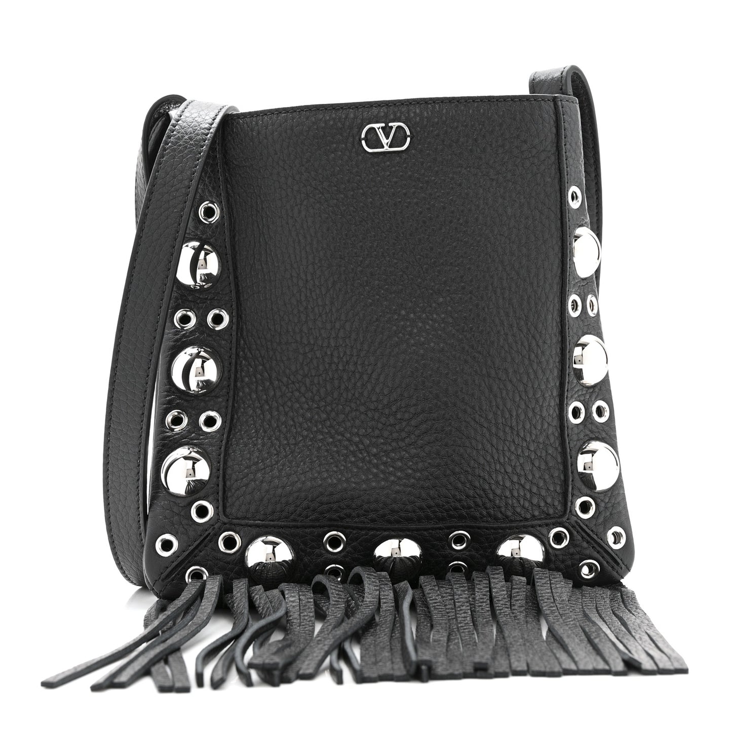 Grained Calfskin Studded Nellcote Fringe Shoulder Bag Black