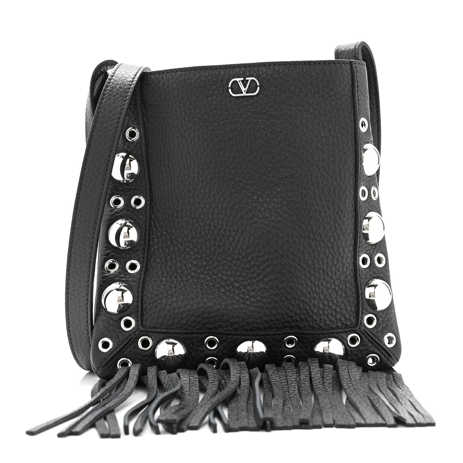 Valentino Garavani Grained Calfskin Studded Nellcote Fringe Shoulder Bag Black 1 of 10
