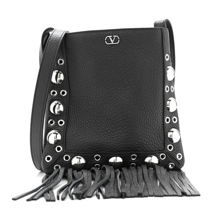 Valentino Garavani Grained Calfskin Studded Nellcote Fringe Shoulder Bag Black 1 of 10
