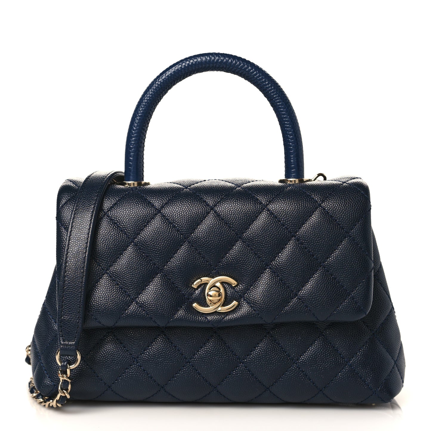 Caviar Quilted Lizard Embossed Mini Coco Handle Flap Navy Blue