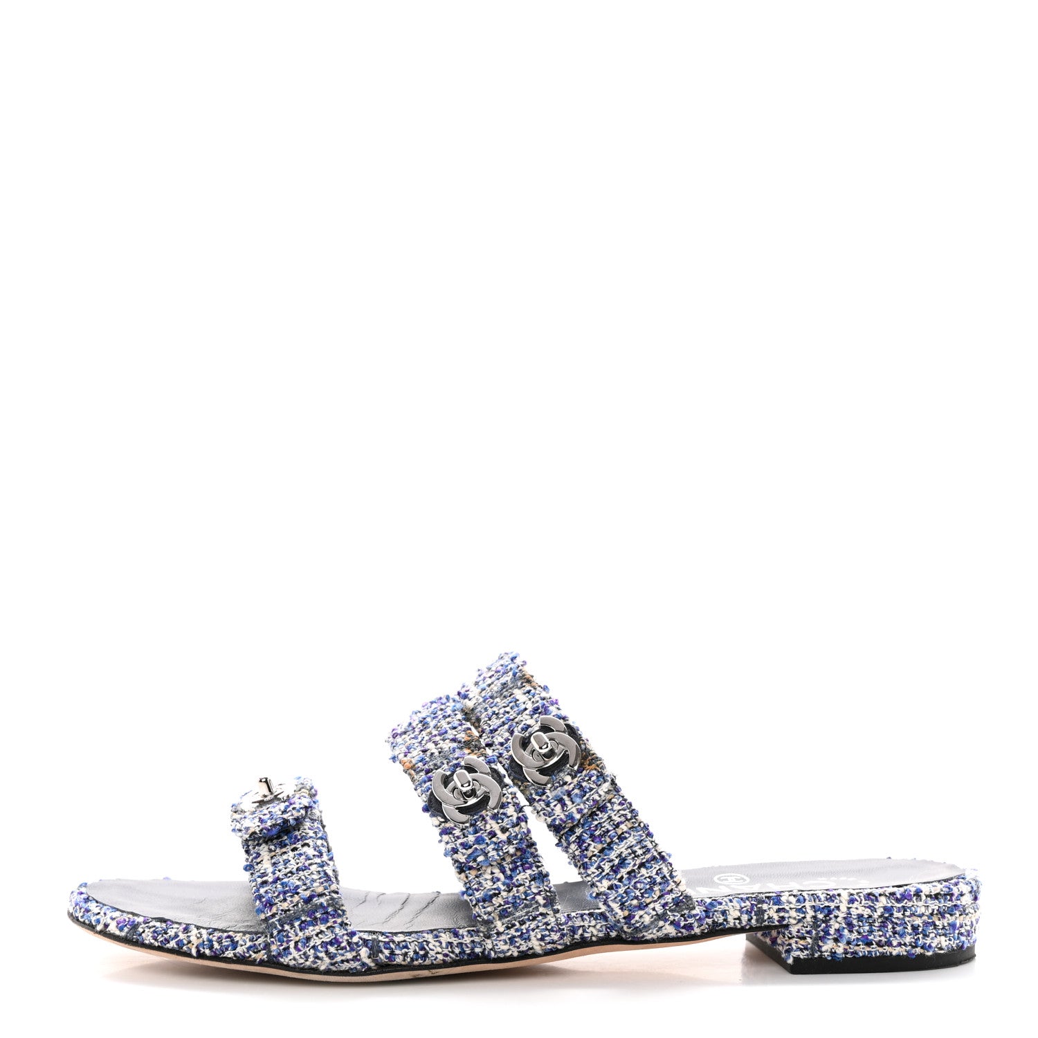 Chanel Tweed Lambskin CC Turnlock Mule Sandals 38 Blue Ecru Grey 1 of 14
