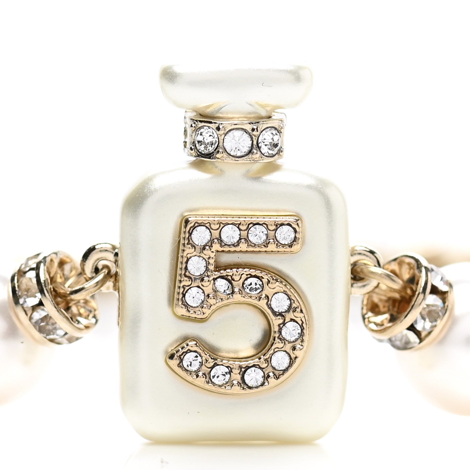 Chanel Pearl Resin Crystal CC No 5 Perfume Bottle Chain Belt Gold Pearly White 3 of 5