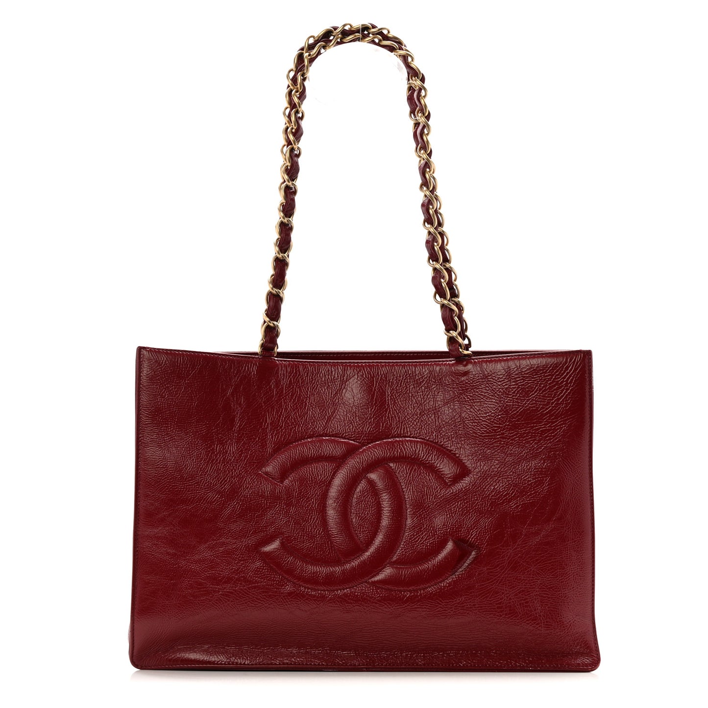 Shiny Aged Calfskin Shopping Bag Red