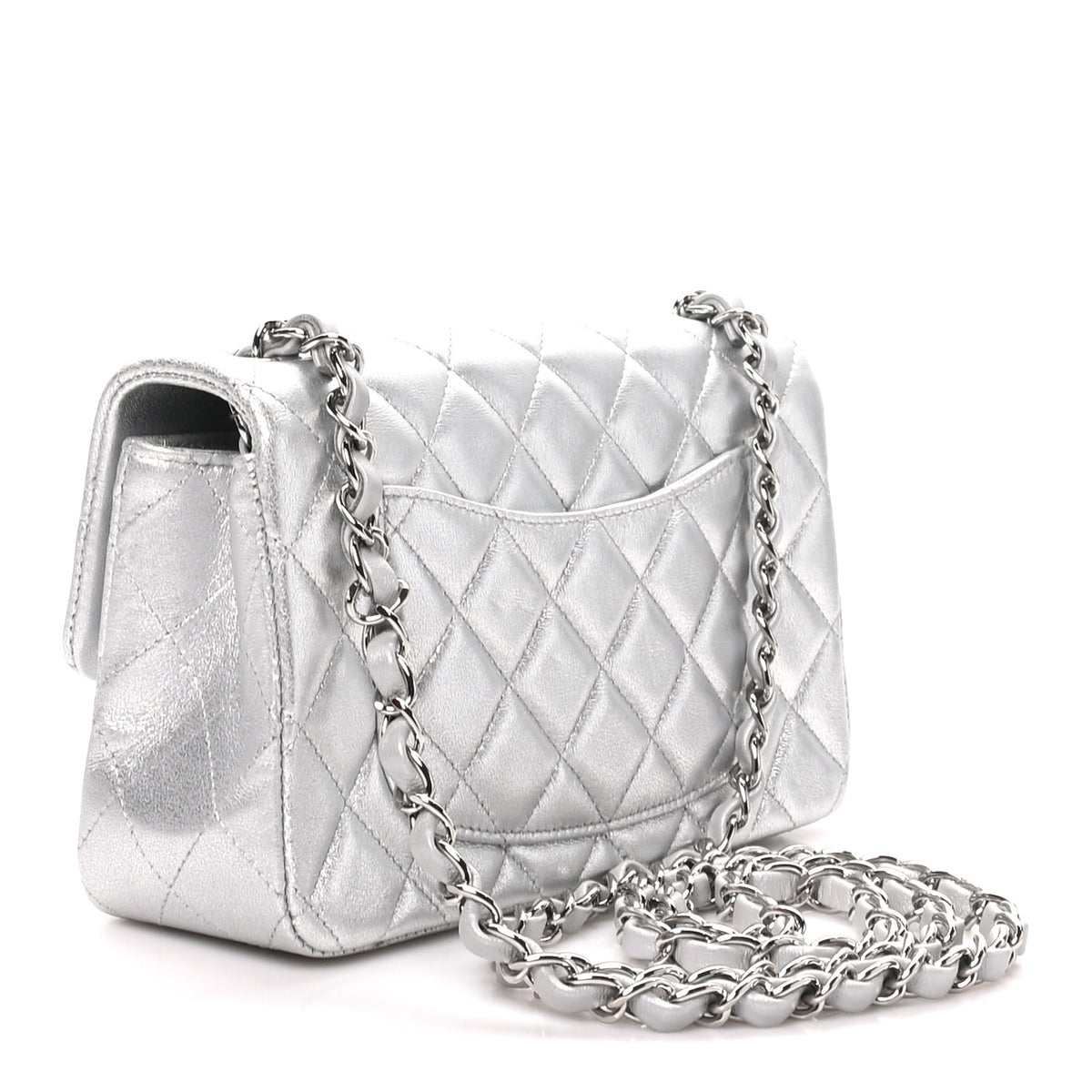 Metallic Lambskin Quilted Mini Rectangular Flap Silver