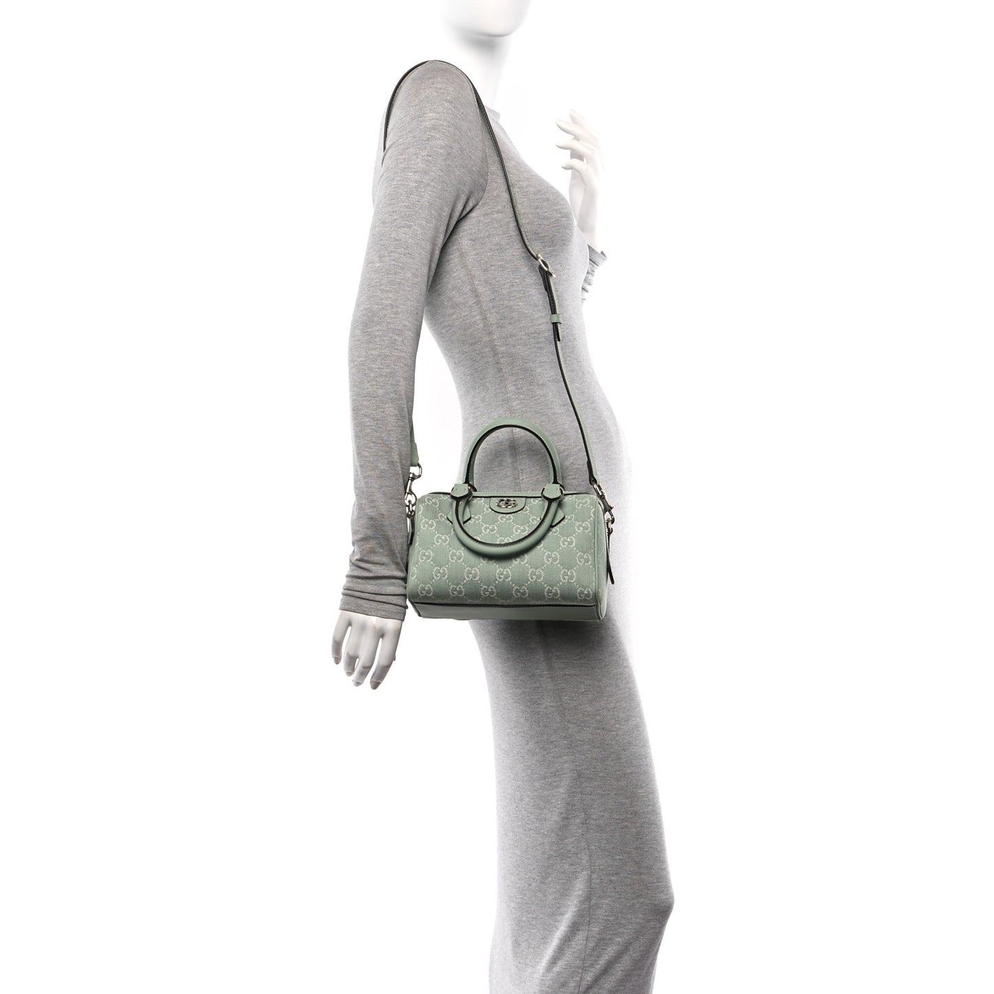Denim GG Monogram Calfskin Mini Ophidia Top Handle Bag Pale Green