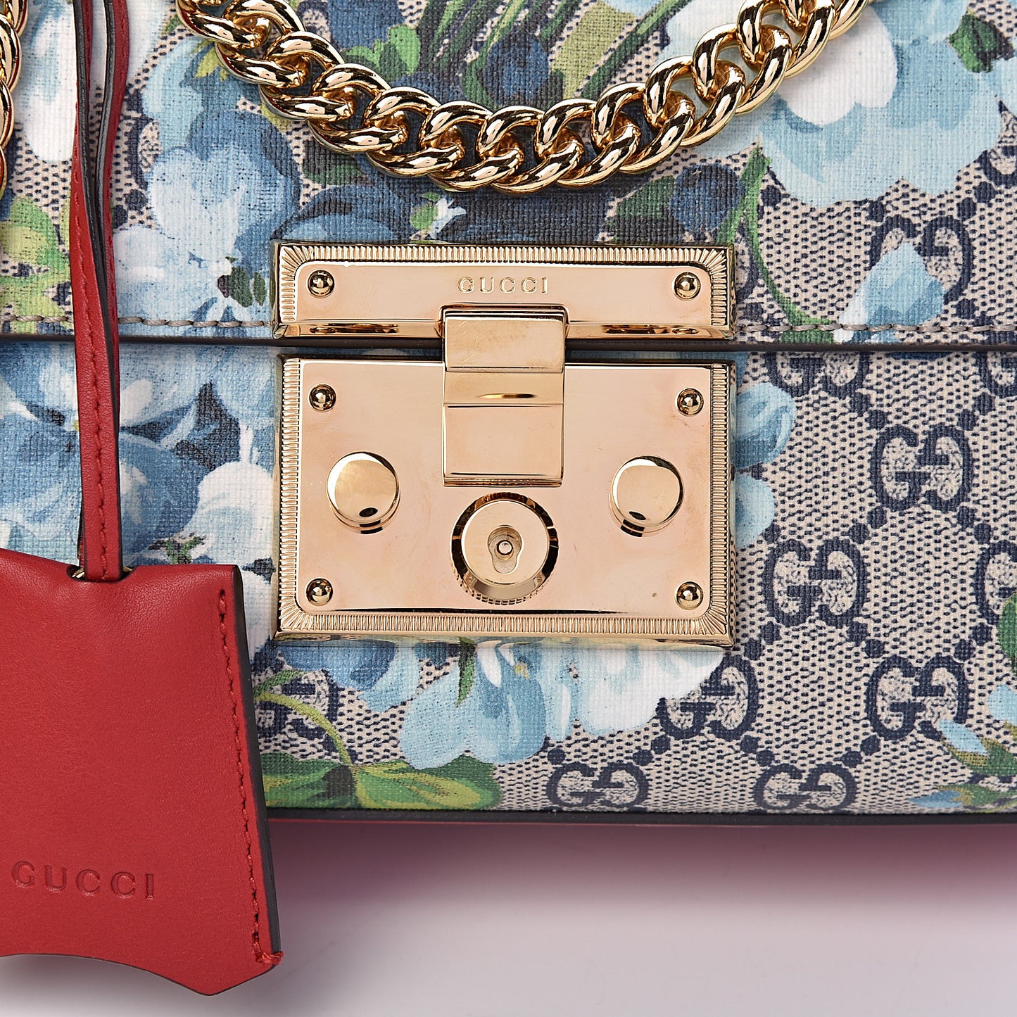 GG Supreme Monogram Blooms Small Padlock Shoulder Bag Beige Blue Navy Hibiscus Red