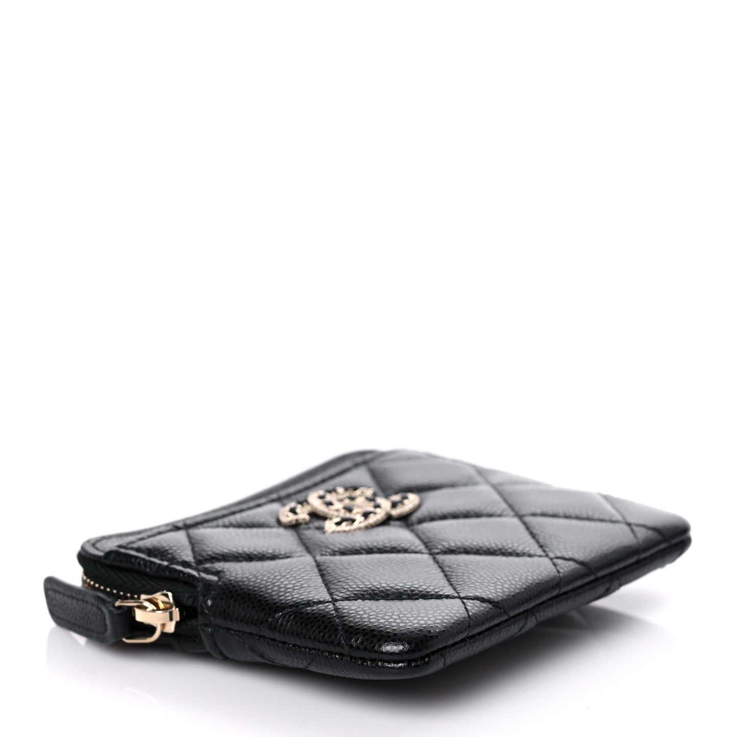 Caviar Quilted Crystal Zip Card Holder Wallet Black