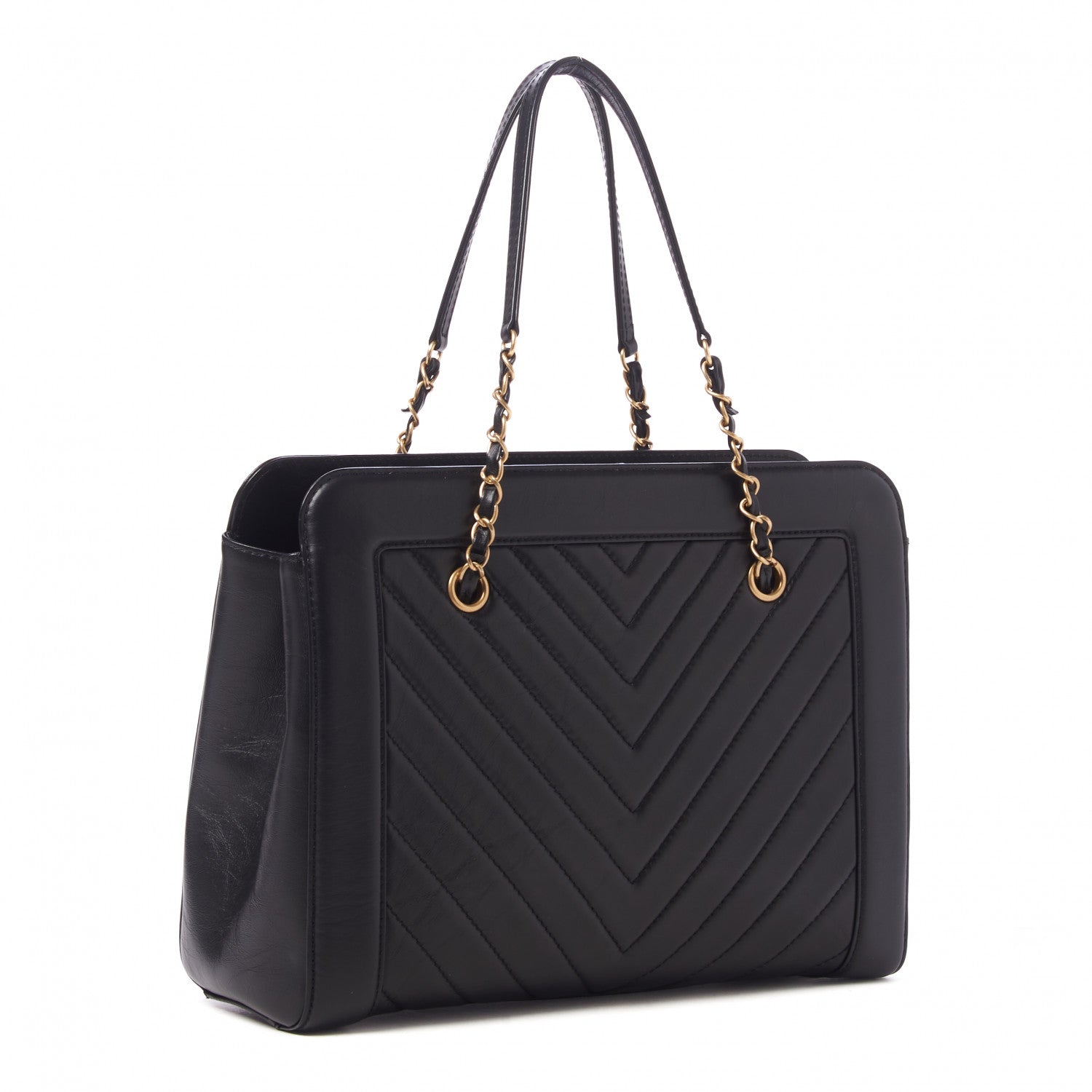 Chanel Aged Calfskin Chevron Quilted Large Shopping Tote Black 3 of 10