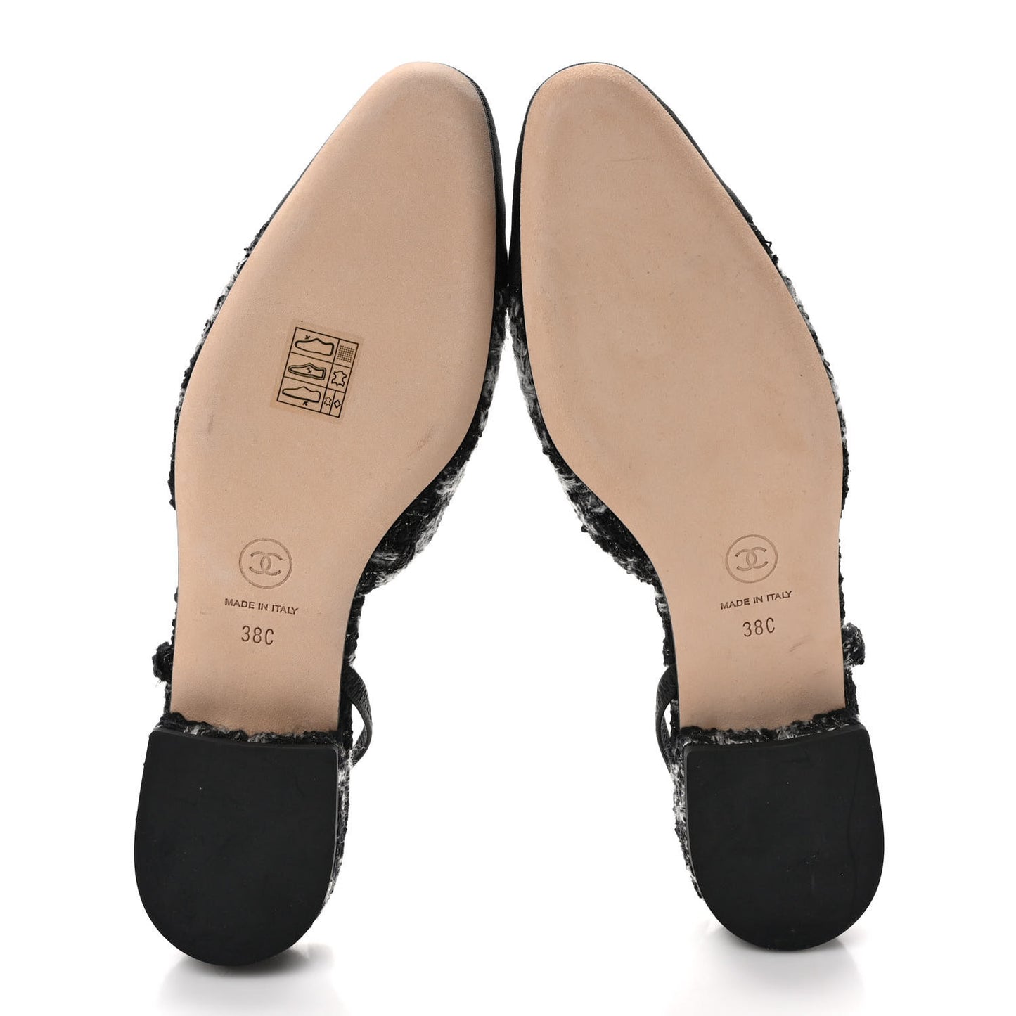 Tweed Grosgrain Toe CC Slingback Flat 38 Black Grey