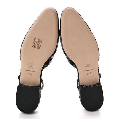 Chanel Tweed Grosgrain Toe CC Slingback Flat 38 Black Grey 5 of 8