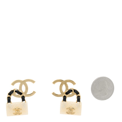 Chanel Lambskin Metal Resin CC Quilted Flap Earrings Gold Black White 2 of 5