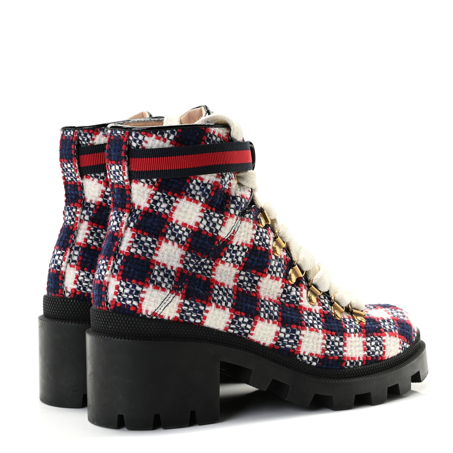 Gucci Vintage Tweed Check Lace Up Combat Ankle Boots 39 White Hibiscus Red Marine 4 of 12