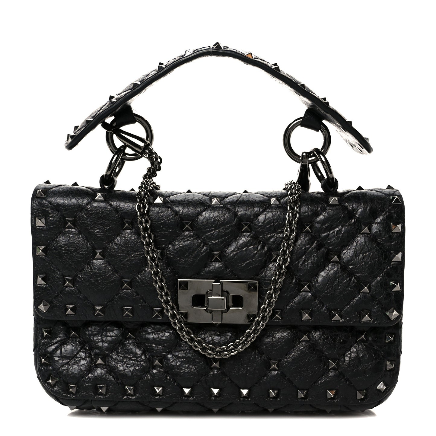 Craquele Nappa Small Rockstud Spike Shoulder Bag Black