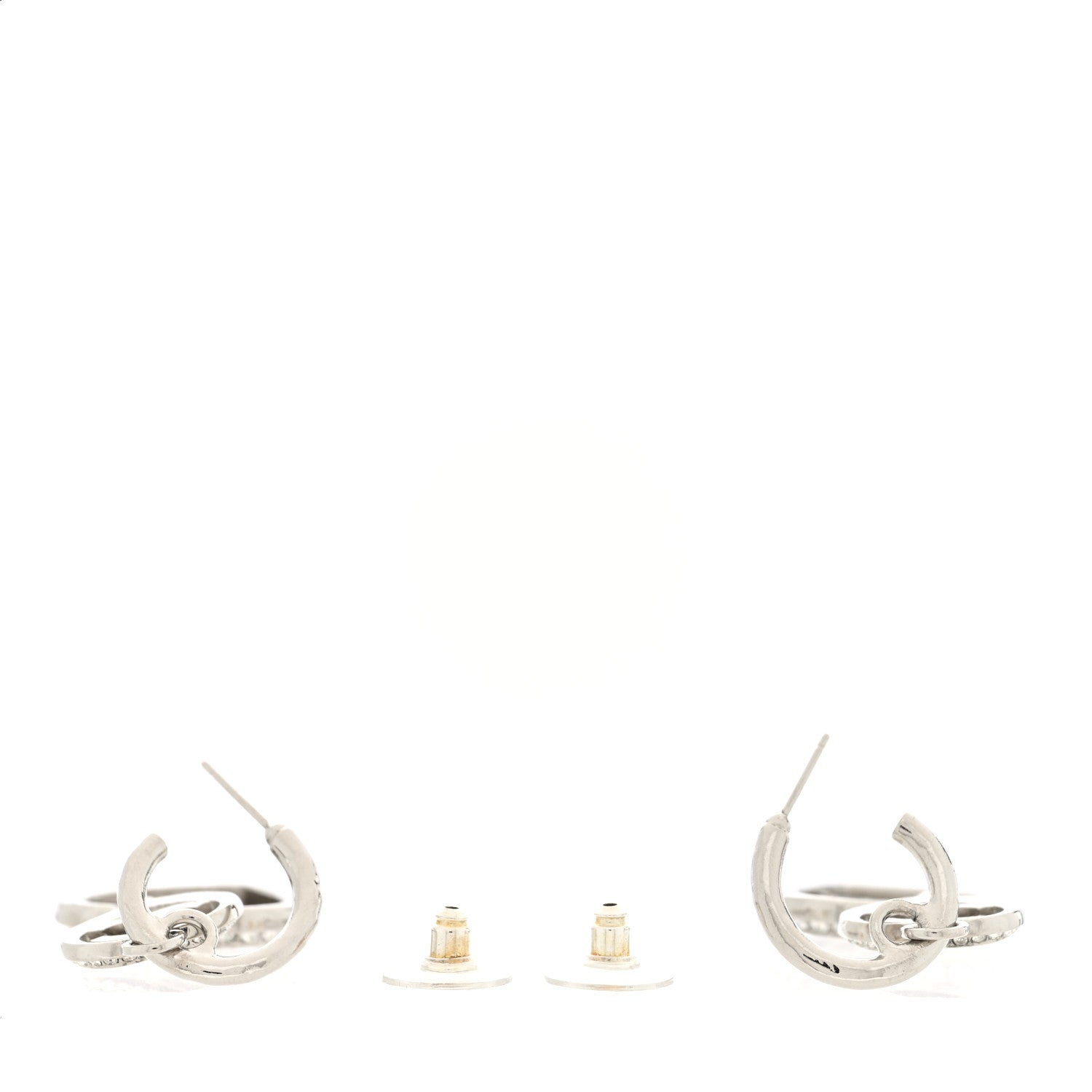 Chanel Crystal Metal CC Heart Drop Hoop Earrings Silver 2 of 3