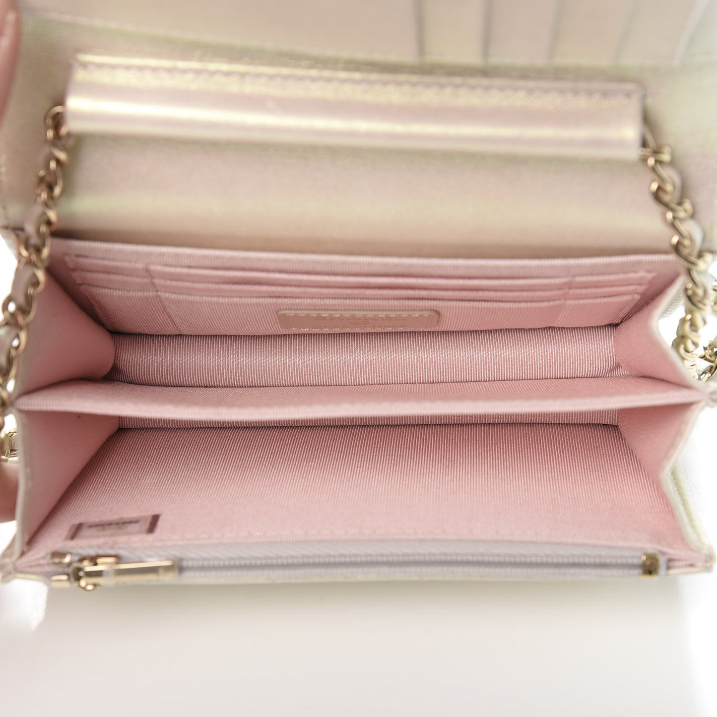 Iridescent Lambskin Quilted Mini Wallet On Chain WOC Ivory