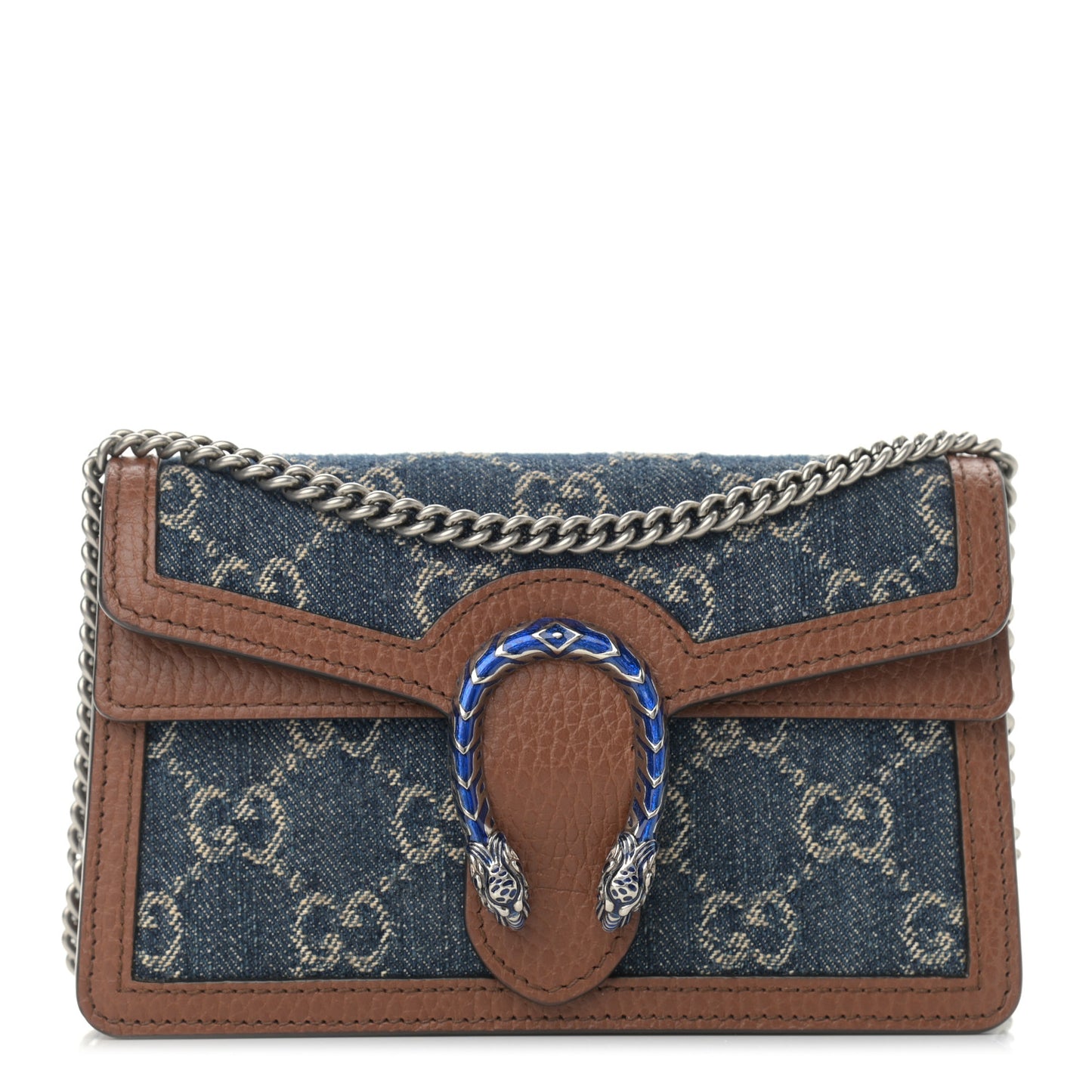 New Denim GG Monogram Dollar Calfskin Enamel Super Mini Dionysus Shoulder Bag Blue Tea Cuir Epilog Electric Blue